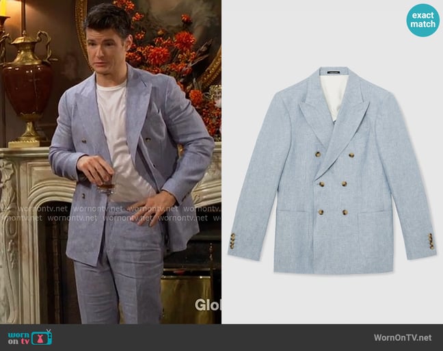 Reiss Atlantic Double Breasted Blazer in Soft Blue worn by Kyle Abbott (Michael Mealor) on The Young and the Restless Reiss Atlantic Double Breasted Blazer in Soft Blue worn by Kyle Abbott (Michael Mealor) on The Young and the Restless