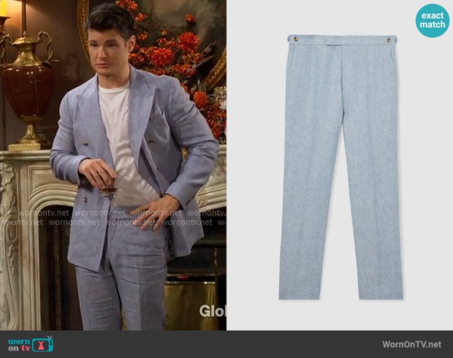 Reiss Atlantic Trousers in Soft Blue worn by Kyle Abbott (Michael Mealor) on The Young and the Restless Reiss Atlantic Trousers in Soft Blue worn by Kyle Abbott (Michael Mealor) on The Young and the Restless