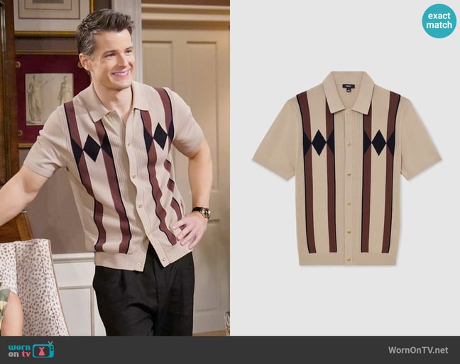 Reiss Axis Argyle-Knit Press-Stud Polo Shirt in Camel Brown worn by Kyle Abbott (Michael Mealor) on The Young and the Restless Reiss Axis Argyle-Knit Press-Stud Polo Shirt in Camel Brown worn by Kyle Abbott (Michael Mealor) on The Young and the Restless
