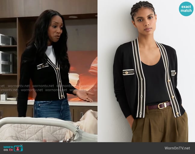 Reiss Danni Cardigan in Black / Khaki Green worn by Jordan Ashford (Tanisha Mariko Harper) on General Hospital Reiss Danni Cardigan in Black / Khaki Green worn by Jordan Ashford (Tanisha Mariko Harper) on General Hospital