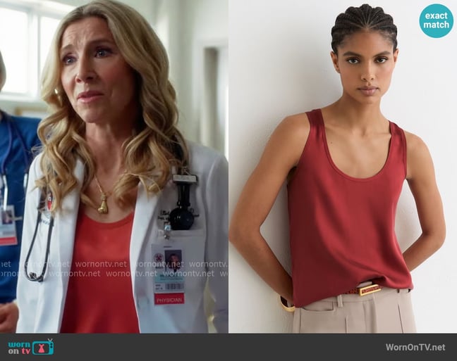 Reiss Ruby Silk-Front Cami Top in Rose Red worn by Dr. Elliot Reid (Sarah Chalke) on Scrubs Reiss Ruby Silk-Front Cami Top in Rose Red worn by Dr. Elliot Reid (Sarah Chalke) on Scrubs