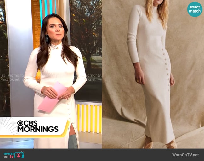 Sezane Harper Dress in Ecru worn by Lilia Luciano on CBS Mornings Sezane Harper Dress in Ecru worn by Lilia Luciano on CBS Mornings