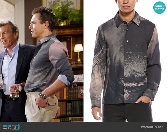 Simkhai Finn Camp Shirt worn by Billy Abbott (Jason Thompson) on The Young and the Restless Simkhai Finn Camp Shirt worn by Billy Abbott (Jason Thompson) on The Young and the Restless