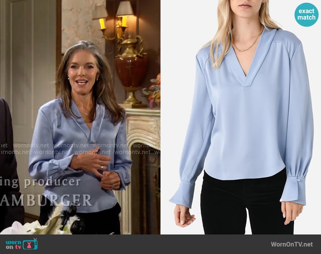 Simkhai Maisey Blouse in Marina Blue worn by Diane Jenkins (Susan Walters) on The Young and the Restless Simkhai Maisey Blouse in Marina Blue worn by Diane Jenkins (Susan Walters) on The Young and the Restless