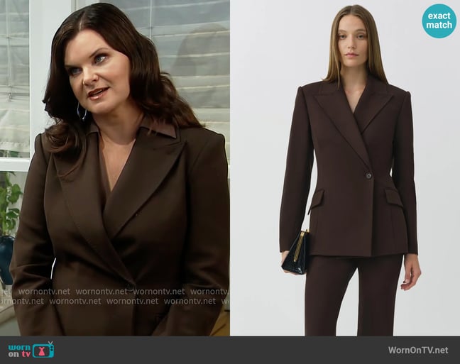 Simkhai Surabhi Blazer and Kenna Trouser in Chocolate worn by Katie Logan (Heather Tom) on The Bold and the Beautiful Simkhai Surabhi Blazer and Kenna Trouser in Chocolate worn by Katie Logan (Heather Tom) on The Bold and the Beautiful