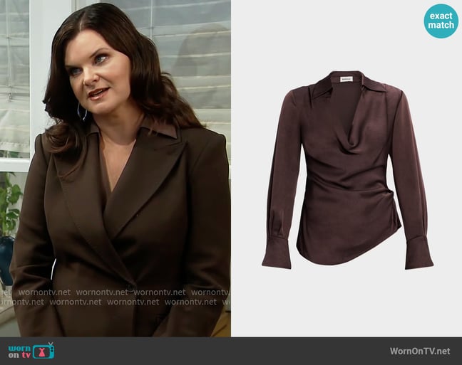 Simkhai Symone Blouse in Chocolate worn by Katie Logan (Heather Tom) on The Bold and the Beautiful Simkhai Symone Blouse in Chocolate worn by Katie Logan (Heather Tom) on The Bold and the Beautiful