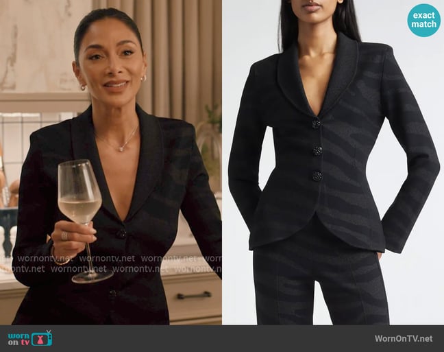 St John Tatum Metallic Zebra Jacket worn by Serena (Nicole Scherzinger) on Elsbeth St John Tatum Metallic Zebra Jacket worn by Serena (Nicole Scherzinger) on Elsbeth