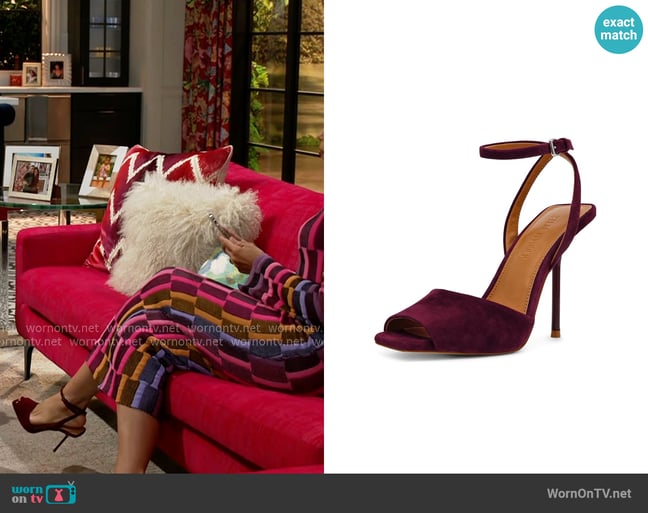 Steve Madden Lilac Sandal in Burgundy Suede worn by Dani Dupree (Karla Mosley) on Beyond the Gates