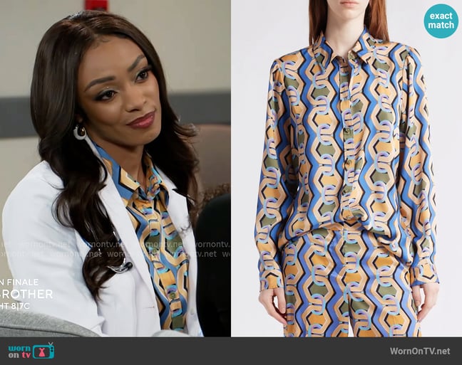 Tahari ASL Geo Print Satin Button-Up Shirt worn by Madison Montgomery (Kenjah) on Beyond the Gates Tahari ASL Geo Print Satin Button-Up Shirt worn by Madison Montgomery (Kenjah) on Beyond the Gates