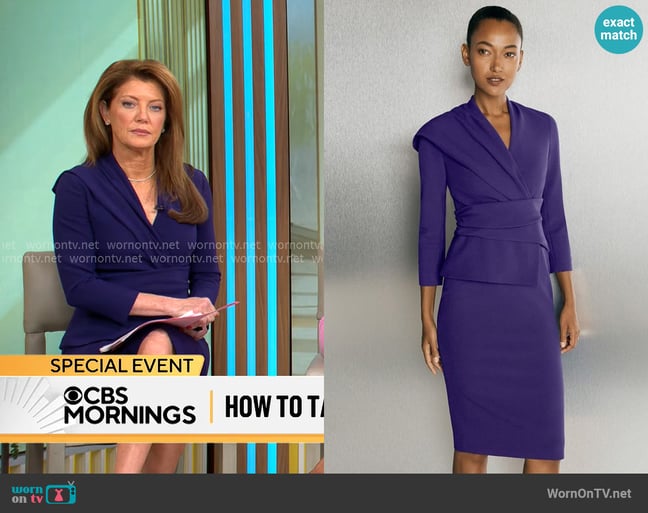 The Fold London Adelaide Dress in Dark Violet worn by Norah O'Donnell on CBS Mornings