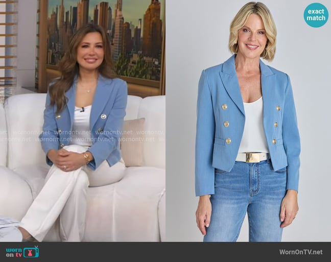 The Noli Shop Gabrielle Double Breasted Blazer in Serene Blue worn by Leslie Lopez on Good Morning America