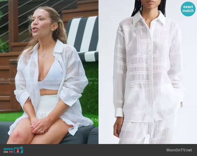 Toteme Embroidered Organic Cotton & Silk Monogram Oversize Button-Up Shirt worn by Daisy Toye on The Real Housewives of New York City