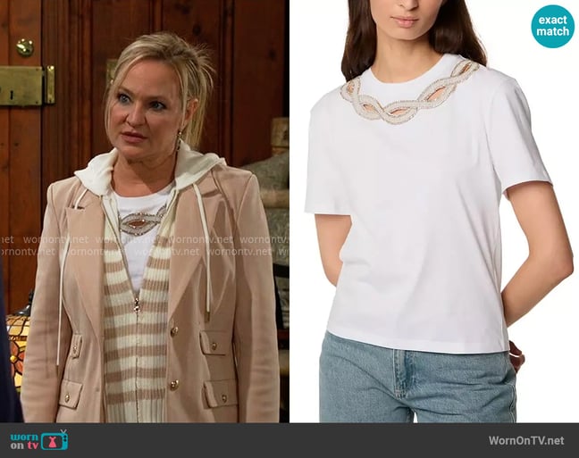 Tresse Tobi Rhinestone Trim Tee worn by Sharon Newman (Sharon Case) on The Young and the Restless Tresse Tobi Rhinestone Trim Tee worn by Sharon Newman (Sharon Case) on The Young and the Restless