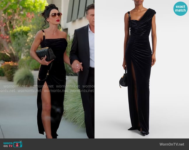 Versace Asymmetric gathered velvet gown worn by Carmella Garcia on The Real Housewives of Orange County