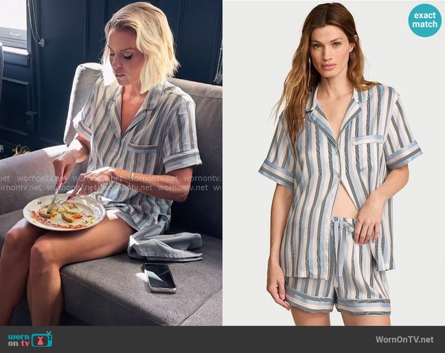 Victorias Secret Signature Satin Short Pajama Set in Celestial Blue Stripes worn by Whitney Rose on The Real Housewives of Salt Lake City Victorias Secret Signature Satin Short Pajama Set in Celestial Blue Stripes worn by Whitney Rose on The Real Housewives of Salt Lake City