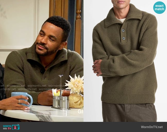 Vince Honeycomb Wool Mock-Neck Sweater in Leaf worn by Nate Hastings (Sean Dominic) on The Young and the Restless Vince Honeycomb Wool Mock-Neck Sweater in Leaf worn by Nate Hastings (Sean Dominic) on The Young and the Restless