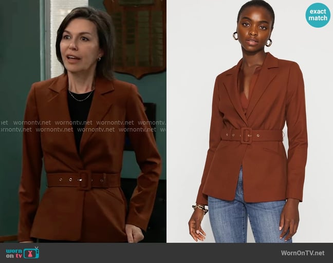 White House Black Market Belted Blazer worn by Anna Devane (Finola Hughes) on General Hospital White House Black Market Belted Blazer worn by Anna Devane (Finola Hughes) on General Hospital