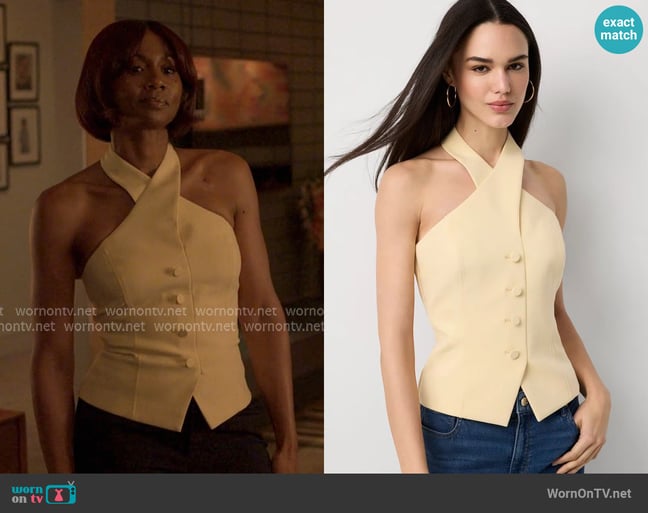 White House Black Market Crisscross Halter Vest worn by Jax Stewart (Emayatzy Corinealdi) on Reasonable Doubt White House Black Market Crisscross Halter Vest worn by Jax Stewart (Emayatzy Corinealdi) on Reasonable Doubt