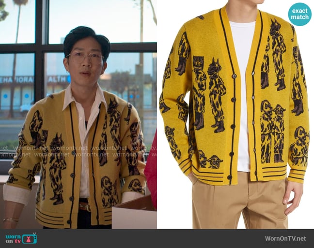 Wood Wood Kalle Jerkcurb Jacquard Mask Wool Cardigan worn by Daniel Kim (Tim Jo) on Reasonable Doubt Wood Wood Kalle Jerkcurb Jacquard Mask Wool Cardigan worn by Daniel Kim (Tim Jo) on Reasonable Doubt
