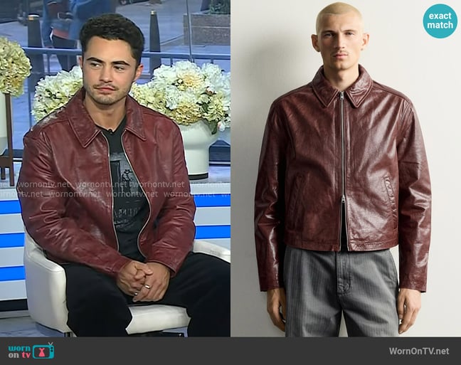 Zara Cropped- Fit Leather Jacket in Dark Red worn by Darren Barnet on Today Zara Cropped- Fit Leather Jacket in Dark Red worn by Darren Barnet on Today
