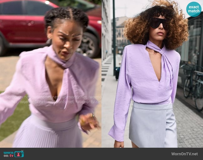Zara Lavender Cutout Top worn by Regina Harris (Meagan Good) on Reasonable Doubt