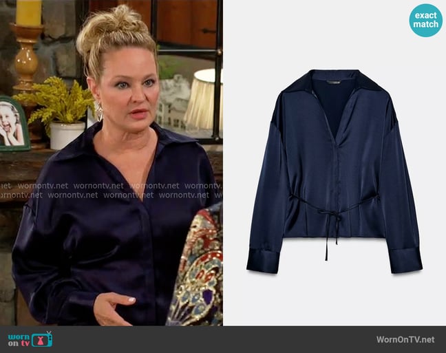 Zara Satin Blouse with Thin Belt worn by Sharon Newman (Sharon Case) on The Young and the Restless Zara Satin Blouse with Thin Belt worn by Sharon Newman (Sharon Case) on The Young and the Restless