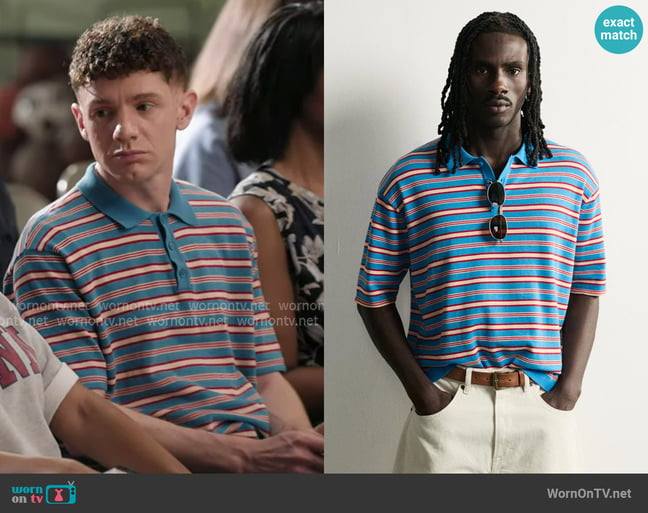 Zara Striped Jacquard Knit Polo worn by Jacob Hill (Chris Perfetti) on Abbott Elementary Zara Striped Jacquard Knit Polo worn by Jacob Hill (Chris Perfetti) on Abbott Elementary