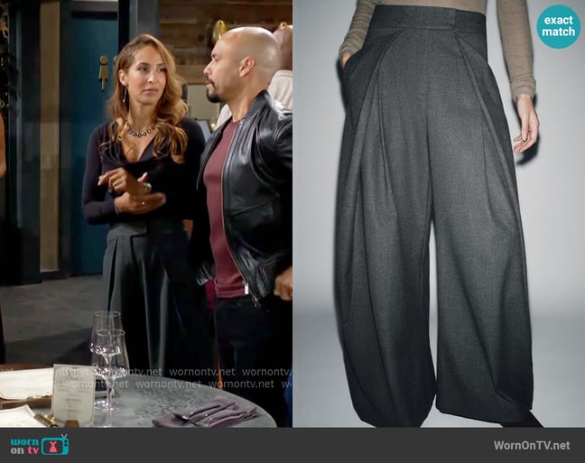 Zara Wide Leg Pinstripe Trousers with Darts worn by Lily Winters (Christel Khalil) on The Young and the Restless Zara Wide Leg Pinstripe Trousers with Darts worn by Lily Winters (Christel Khalil) on The Young and the Restless