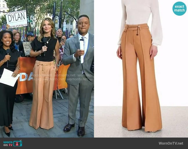 Zimmermann Luminosity Belted Wool-Blend Flare Trousers in Biscuit worn by Savannah Guthrie on Today
