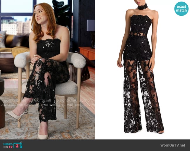 Alice + Olivia Georgie Embellished Lace Jumpsuit worn by Rowan Henchy on Next Gen NYC Alice + Olivia Georgie Embellished Lace Jumpsuit worn by Rowan Henchy on Next Gen NYC