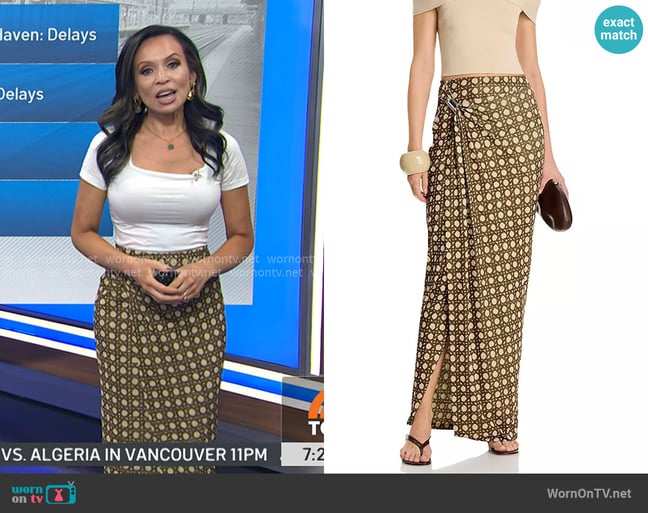 Nanushka Tozi Skirt in Rattan Polka Eucalyptus worn by Adelle Caballero on Today Nanushka Tozi Skirt in Rattan Polka Eucalyptus worn by Adelle Caballero on Today