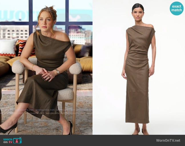 Staud Phare Leather Dress Truffle worn by Rowan Henchy on Next Gen NYC Staud Phare Leather Dress Truffle worn by Rowan Henchy on Next Gen NYC