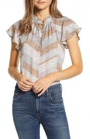 Bobeau print tie neck flutter sleeve top at Nordstrom