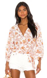 1  STATE Wrap Front Petal Leaf Garden Blouse in Gold Sun from Revolve com at Revolve