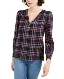 1 STATE Cotton Flannel Plaid V-Neck Top   Reviews - Tops - Women - Macy s at Macys