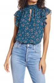 1 STATE Floral Print Flutter Sleeve Keyhole Blouse   Nordstrom at Nordstrom