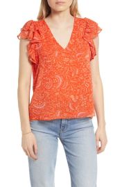 1.STATE Flutter Sleeve Chiffon V-Neck Top in Yellow/Floral Size X-Small at Nordstrom