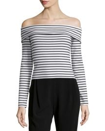 10 Crosby by Derek Lam Long-Sleeve Striped Off-the-Shoulder Top at Neiman Marcus