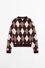 100 Cotton Knit Sweater with Argyle detail at Massimo Dutti