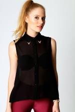 Black sleeveless blouse with capped collar at Boohoo