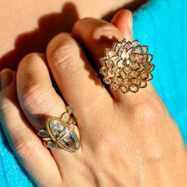 14k Rainbow Moonstone Floral Ring Parravi Jewelry at Parravi Jewelry