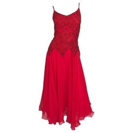 1990s Oleg Cassini Size 10 Red Silk Chiffon Beaded Handkerchief Midi Dress at 1stDibs at 1st Dibs