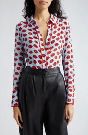 1Alice Olivia Willa Lip Print Piped Silk Shirt at Nordstrom