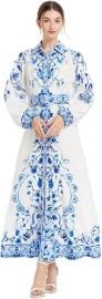 2024- Vintage Quality Dress Print Lapel Puffed Sleeve Waist Slimmer Long Dress at Womens Clothing store at Amazon