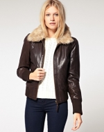 Brown leather jacket with fur collar at Asos