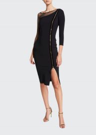 3/4-Sleeve Asymmetric Zip-Front Cocktail Dress w/ Mesh Inset at Bergdorf Goodman