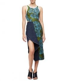 31 Phillip Lim Sleeveless Floral Dress w Striped Trim LeafHydro at Neiman Marcus