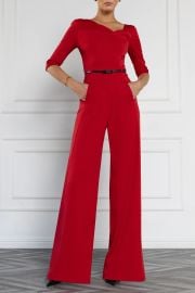34 Sleeve Jackie Jumpsuit Black Halo Wide Leg Leather Belt at Black Halo
