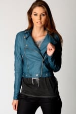 Teal biker jacket like Arias at Boohoo