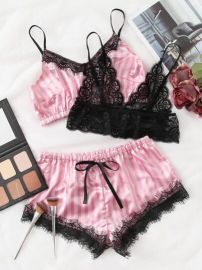 3pack Striped Lace Trim Satin Lingerie Set   USA at Shein